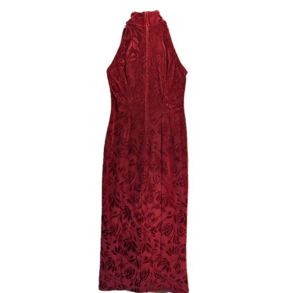 Howard Hartsfield Maxi Dress M Red Velvet Floral 90s Halter Mock Neck Slit - Picture 2 of 10
